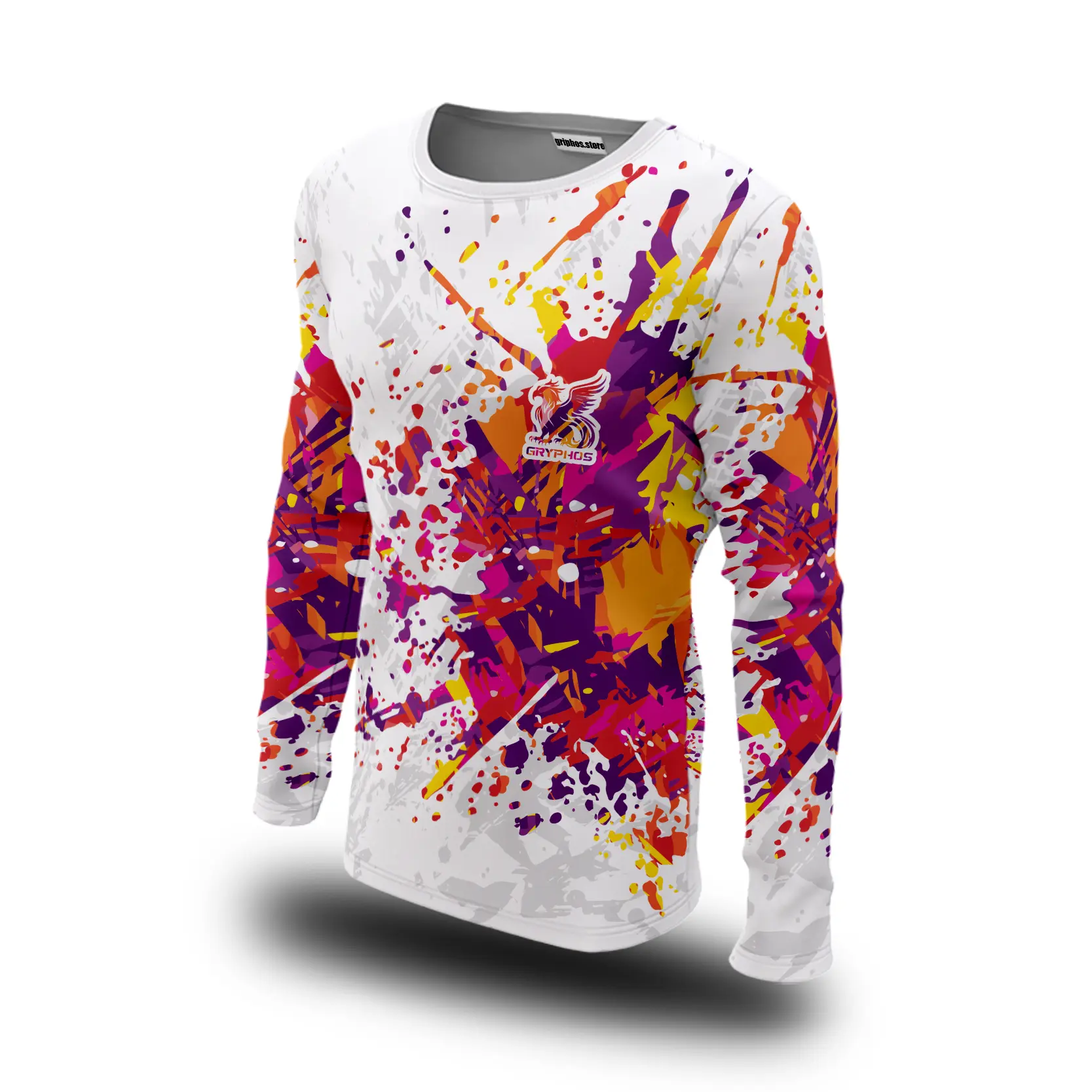a white shirt with colorful splatters on it