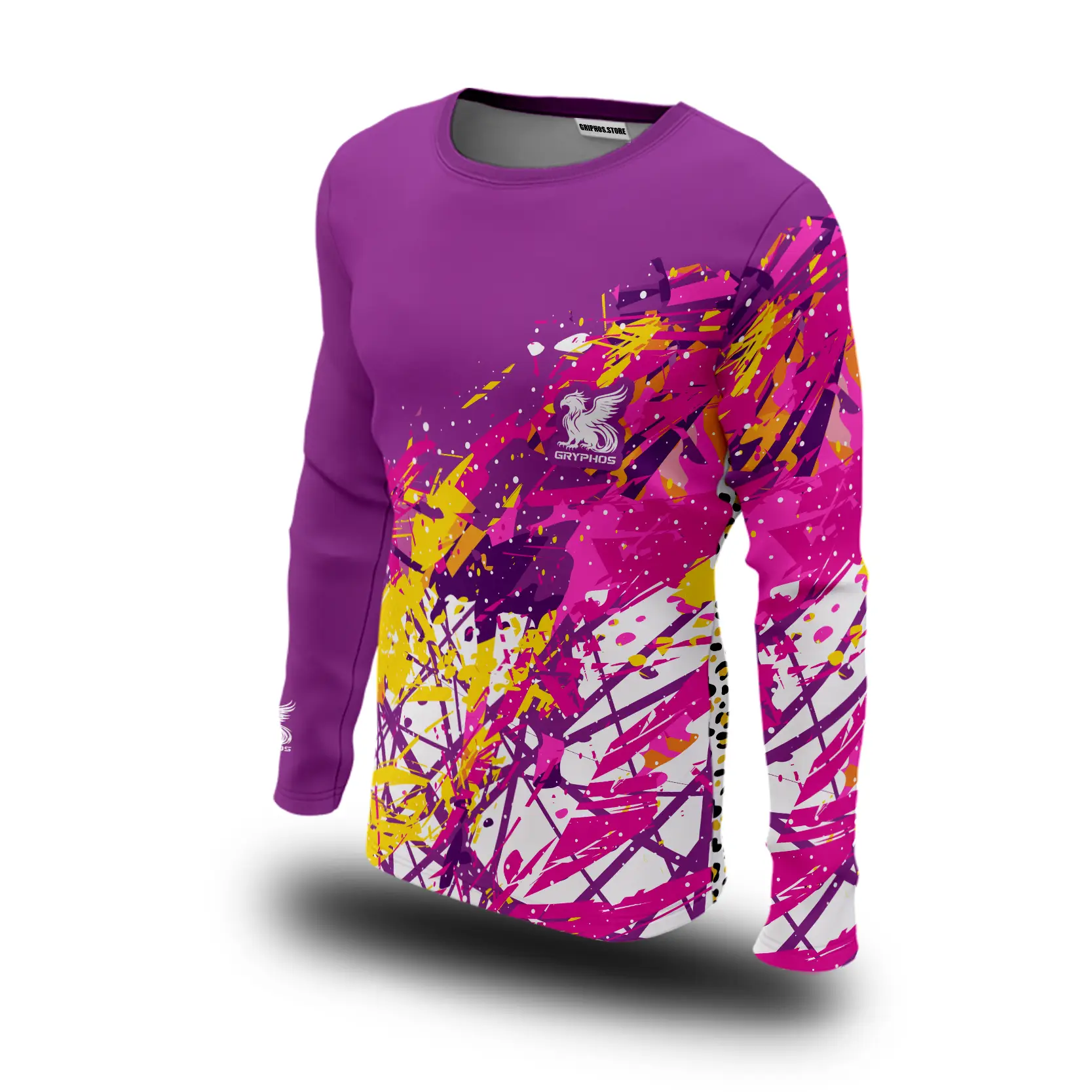 a purple and yellow long sleeved shirt