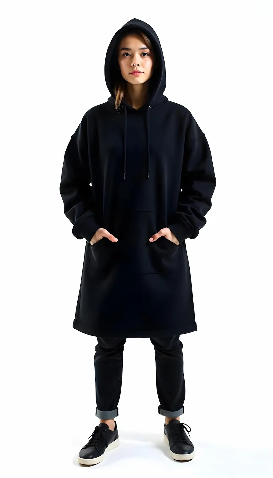 Polerón negro largo tipo canguro con capucha